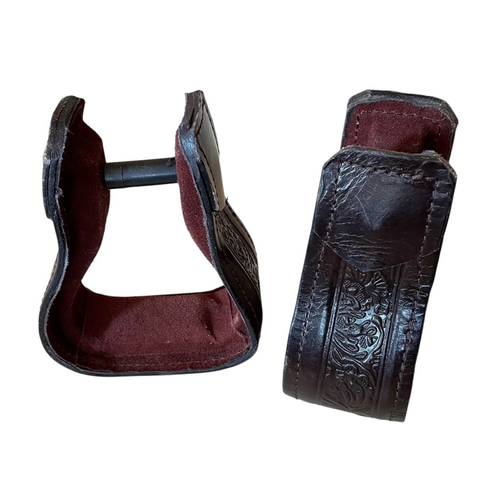 Hand Crafted Hand Tooled Brown Leather Horse Stirrups